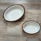 Vintage Oval White Ceramic Baking Dishes With Wicker Basket Holders Set Of 2