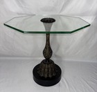 Vintage Mid Century Engraved Etched Blackened Brass Glass Top Side Table India B