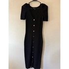 Say What  Black Ribbed Midi Dress Gold Buttons Puff Sleeve L