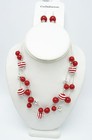 Fabulous Silver Tone Summer Necklace Earring Set With Red   White Beads  n2583