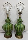 Vintage Pair Of Mid Century Modern Ceramic Green Drip Glaze Ginger Jar Lamps