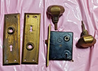 Antique Vtg Penn Mortise Door Lock Set With Brass Hexagon Knobs   Back Plates