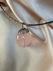 Natural Rose Quartz Necklace 16mm   925 Sterling Silver  Black Chain