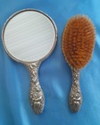 Beautiful Silver Metal High Repousse Roses Hand Mirror   Brush  Vanity Dresser