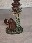 Vintage Solid Brass Candle Holders  Monkey Holding Book Under Two Palm Trees 