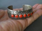 Old Native American Navajo 7-stone Coral Row Sterling Silver stamps Bracelet 59g