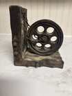 Vintage Industrial Wood   Cast Iron Pulley Wheel Bookend - Single  Rustic Decor