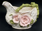 Vtg Porcelain Oval White Vase Pink Roses Leaves   Green Stem Gold Accents Japan