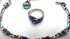 Vintage Sterling Silver Amethyst Opal Bracelet Necklace Ring Set