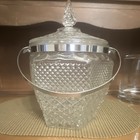 Vintage Clear Pressed Glass Diamond Ice Bucket W  Lid   Metal Swing Handle