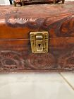 Vtg Artmex Mexico Hand Tooled Leather Brown Train Case Cosmetic Jewelry