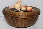 Vintage Wicker Sewing Basket Box Bird Fruit Decor Woven