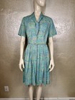 Vintage 1960s Shelton Stroller Blue Floral Day Dress M l Short Sleeve Zip-up