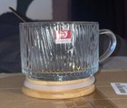 New Vintage 4-14oz Glass Coffee Mug Set W  Spoon   Bamboo Lids