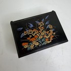 Vintage Black Colorful Floral Melamine Jewelry Trinket Box Red Lined Hong Kong