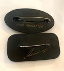 Vintage Set Of 2 Signed Russian Black Lacquer Hand Painted Brooches