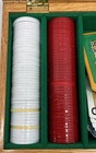 Vintage Wooden Poker Chip Set Classic Oak Storage Case Felt Lined Incomplete