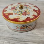 Vintage Round Tin With Lid Red White Floral Gold Daher England Metal Storage Box