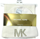 Michael Kors Womens Cream Logo Studded Knit Beanie Hat Scarf 2 Pc Set New