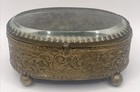 Antique Fancy Brass Oval Beveled Glass Jewelry Casket Box