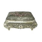 Vintage Ornate Silver Tone Filigree Jewelry Box Red Velvet Lining Footed Casket