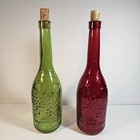 Set Of 2 Decorative Raised Leaf Glass Bottles - Red   Green 12  Tall 13  W  Cork