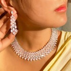 Gorgeous Silver Plated Cz Leaf Tennis Costume Earrings Wide Necklace Jewelry Set