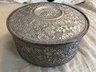 Vintage  Guildcraft Ornate Fruit Cake Sewing Tin Silver Metalware Grape Vines