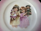 Vintage Antique German Porcelain Miniature Plate Girls   Dolls Pink Rim