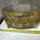 Vtg Ormolu Gilded Beveled Glass Lid Vanity Jewelry Box casket Filigree 7    Trinke