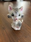 Vintage Sugar Textured Cat Kitten Mid Century Gray And White Pink Flowers