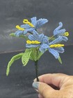Handmade French Beaded Seed Bead Blue Flower Yellow Stamen 5 Flowers In Bouquet