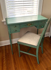 Vintage French Country Floral Painted Teal Green Petite Writing Desk W  Chair