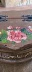 Vintage Wood Sewing Basket Handpainted Flowers Slat Flip Hinge Top Cottagecore 