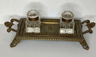 Antique Art Nouveau Brass   Glass Double Ink Well With A Lady Head Design
