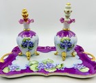 Antique Hand Painted Violet Vanity Tray Gold Footed Perfume Bottles Stoppers Set