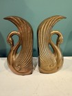 Vintage Art Deco Brass Swan Figurines Bookends Gold Hollywood Regency 1950s