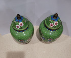 Vintage Pair Of Chinese Green Floral Cloisonne Lidded Brass Ginger Jars - 8 5  T