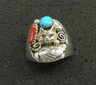 Native American Navajo Signed Sterling Silver Turquoise Wolf Ring Size 10  178