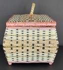 Vintage Woven Wicker Sewing Basket Box Pink white W  Tray Insert