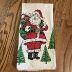 Vintage Christmas Linen Tea Towel Santa Claus Sack Of Toys Trees Holiday Decor