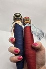 Set Of 2 Vtg Red blue Wood Quill Industrial Textile Thread Bobbins Patriotic 