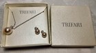 Vintage Trifari Faux Pearl Necklace   Stud Earrings Rhinestone Set New Bridal