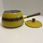 Vtg Harvest Gold W brown Flower Design Fondue Set Wood Stand Forks Pot  read 