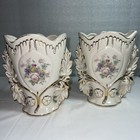 Vintage Pair Of  Floral Gold Trimmed Vases