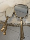 Vintage Mirrored Vanity Tray  Handheld Mirror  Brush  Set  Gold Plated  Art Deco