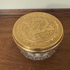 Vtg Vanity Dresser Glass Powder Jar Mirrored   Golden Relief Rose Patt Lid-hefty