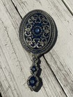 Vintage Blue Enamel Hand Mirror 9 5  Blue Rhinestones Ornate Bows Heavy Vanity
