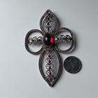 Vintage Gold Tone Ornate Cross Pendant Large Ruby Rhinestones Filigree Catholic 