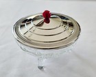 Vintage Art Deco Pressed Glass Candy Dish W  Chrome Lid   Red Bakelite Knob 6 5